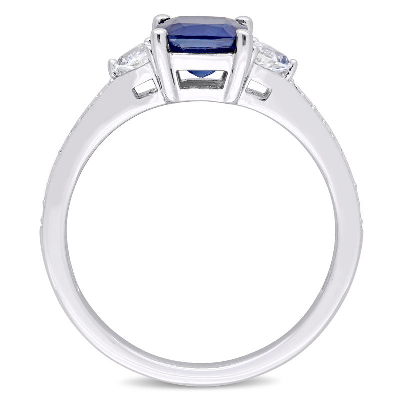 Main Image 3 of 6.0mm Cushion-Cut Blue and White Sapphire and 0.09 CT. T.W. Diamond Three Stone Engagement Ring in 14K White Gold