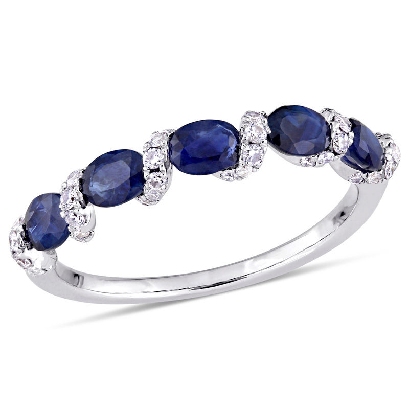 Oval Blue Sapphire and 0.26 CT. T.W. Diamond Twist Five Stone Ring in 14K White Gold
