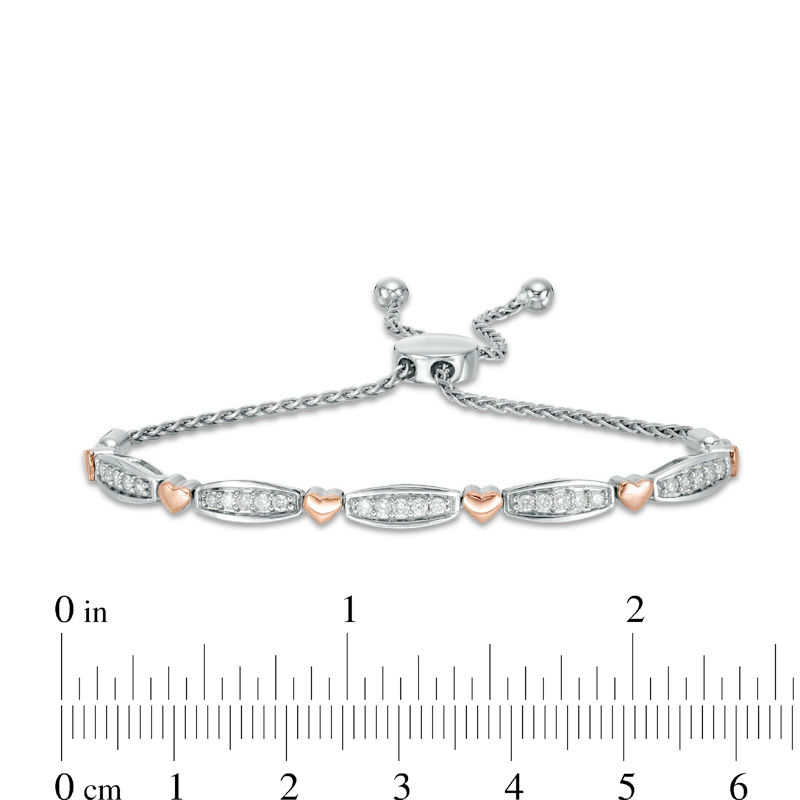 0.50 CT. T.W. Diamond Alternating Bar and Heart Bolo Bracelet in Sterling Silver and 10K Rose Gold - 9.5"