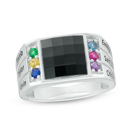 Men's 10.0mm Square Onyx and Birthstone Triple Row Ring (6 Stones and Names)