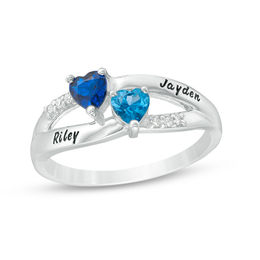 Couple's 4.0mm Heart-Shaped Birthstone and Diamond Accent Split Shank Ring (2 Stones and Names)
