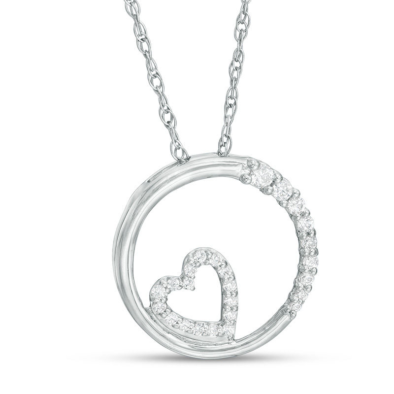 0.18 CT. T.W. Diamond Heart in Circle Pendant in 10K White Gold|Peoples Jewellers