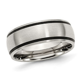 Men's 8.0mm Black Accent Striped Brushed Wedding Band in Stainless Steel