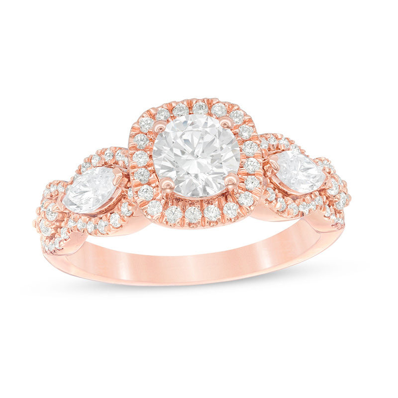 1.60 CT. T.W. Certified Diamond Past Present Future® Cushion Frame Engagement Ring in 14K Rose Gold (I/I2)