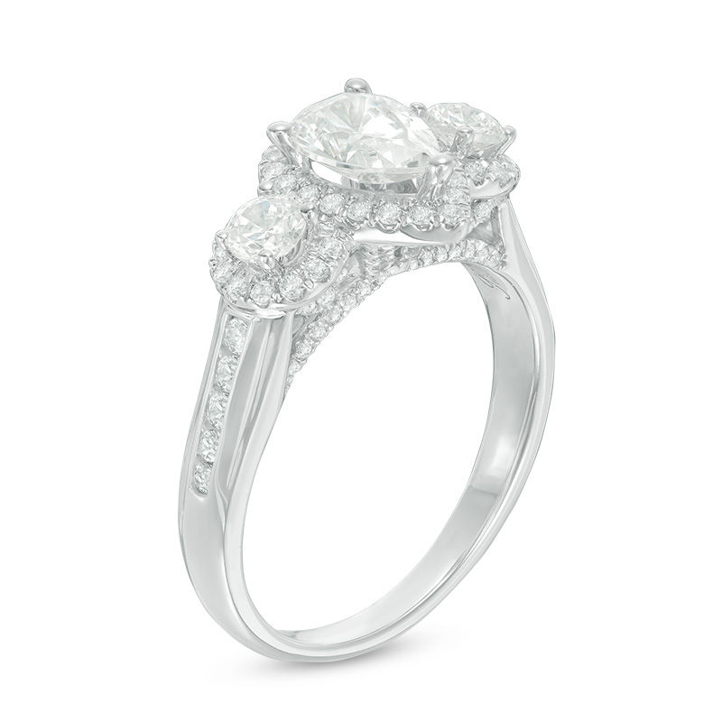 1.50 CT. T.W. Pear-Shaped Certified Diamond Past Present Future® Frame Engagement Ring in 14K White Gold (I/I1)