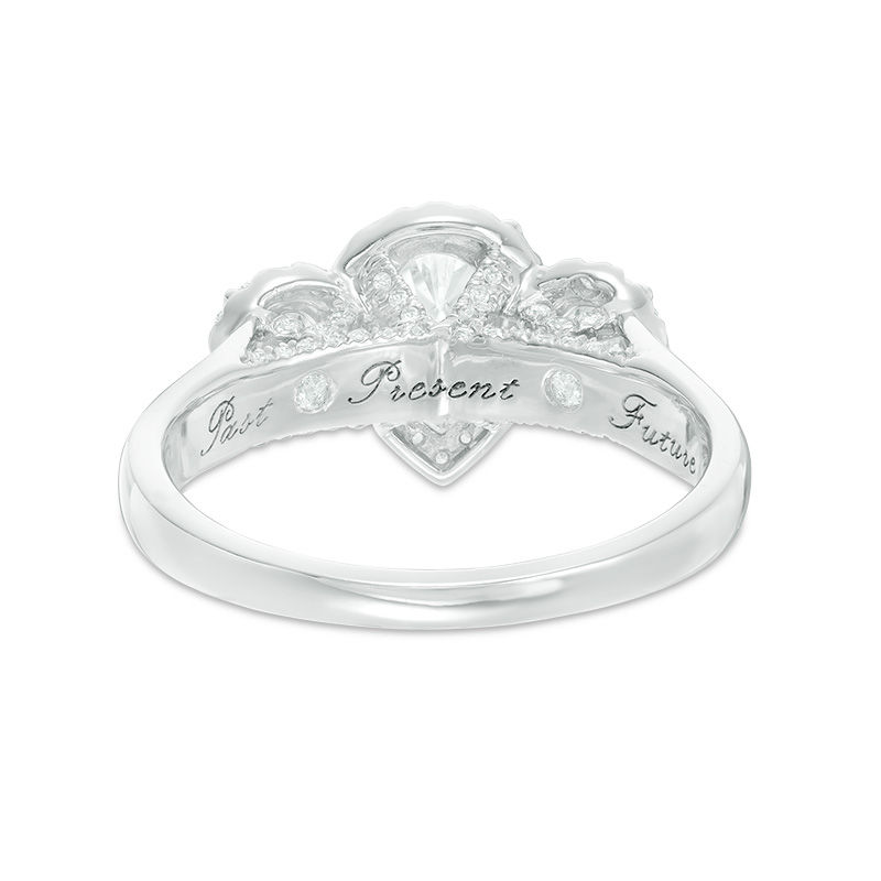 Main Image 3 of 1.50 CT. T.W. Pear-Shaped Certified Diamond Past Present Future® Frame Engagement Ring in 14K White Gold (I/I1)