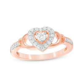 0.23 CT. T.W. Diamond Heart Frame Claddagh-Style Promise Ring in 10K Rose Gold
