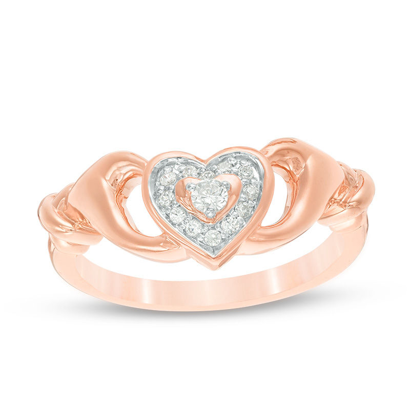 0.12 CT. T.W. Diamond Heart Frame Claddagh-Style Promise Ring in 10K Rose Gold