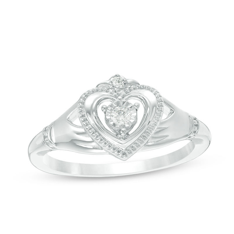 0.04 CT. T.W. Diamond Vintage-Style Claddagh Promise Ring in 10K White Gold