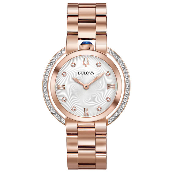 Ladies’ Bulova Rubaiyat 0.20 CT. T.W. Diamond Rose-Tone Watch with Silver-White Dial (Model: 98R248)