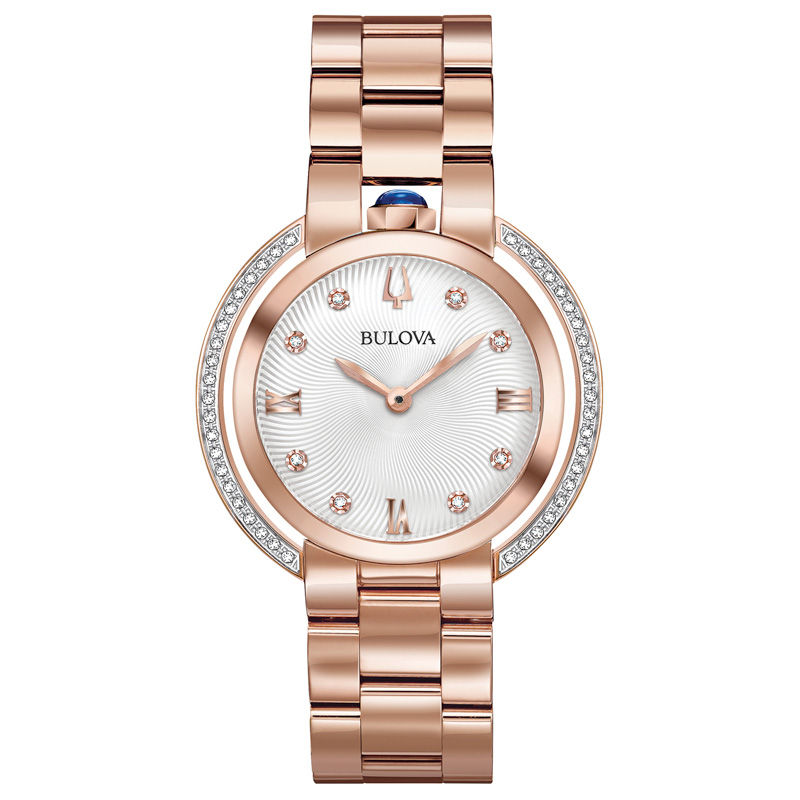 Ladies' Bulova Rubaiyat 0.20 CT. T.W. Diamond Rose-Tone Watch with Silver-White Dial (Model: 98R248)