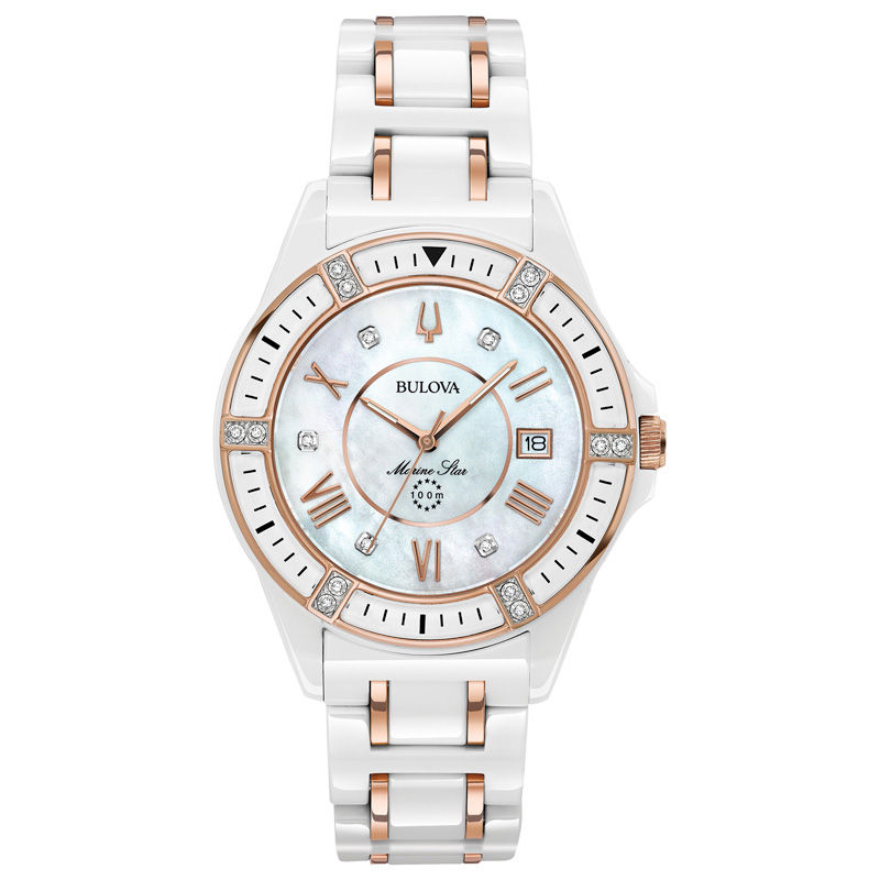 Ladies' Bulova Marine Star Diamond Accent Two-Tone Ceramic Watch with Mother-of-Pearl Dial (Model: 98R241)