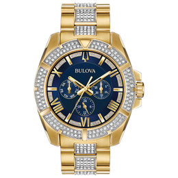 Men's Bulova Octava Crystal Accent Gold-Tone Watch with Blue Dial (Model: 98C128)