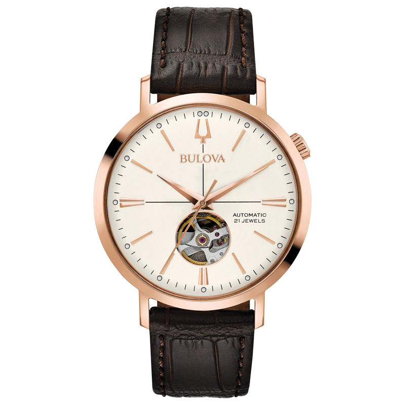 Men's Bulova Aerojet Automatic Rose-Tone Strap Watch with White Skeleton Dial (Model: 97A136)|Peoples Jewellers