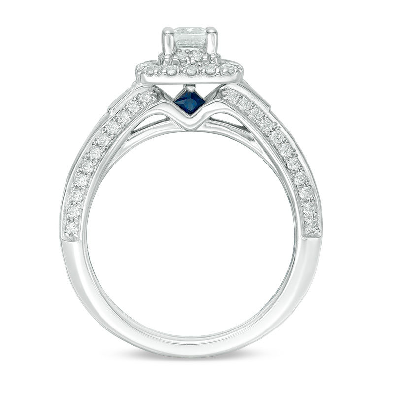 Vera Wang Love Collection 1.20 CT. T.W. Emerald-Cut Diamond and Blue Sapphire Engagement Ring in 14K White Gold