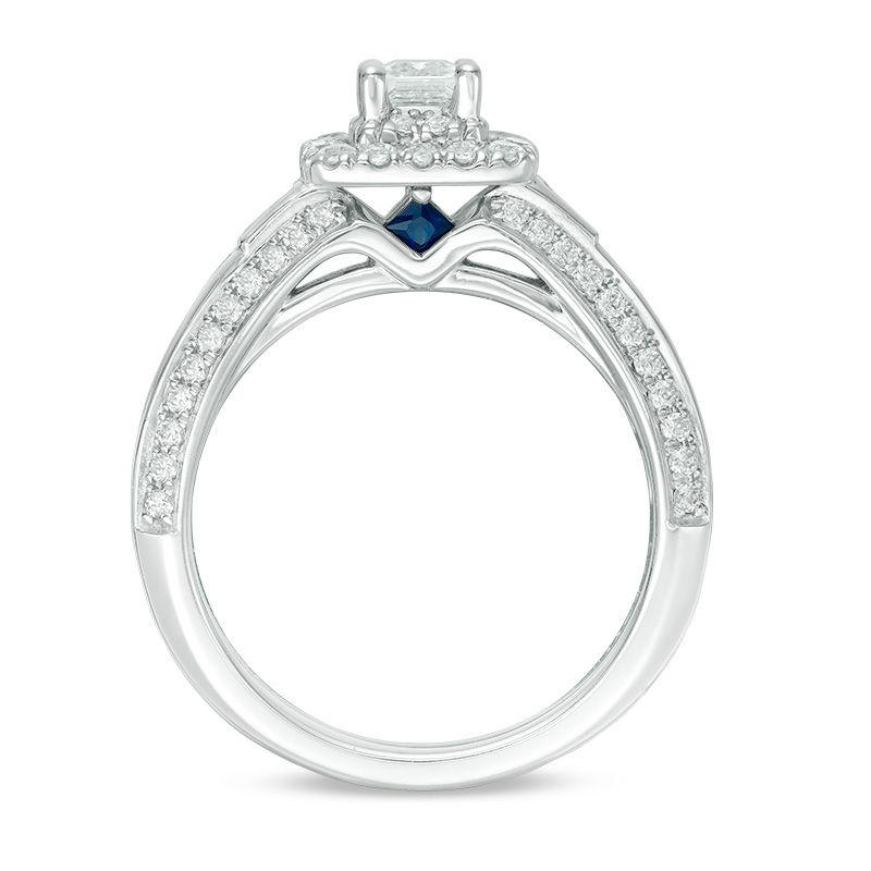 Vera Wang Love Collection 1.20 CT. T.W. Emerald-Cut Diamond and Blue Sapphire Engagement Ring in 14K White Gold|Peoples Jewellers