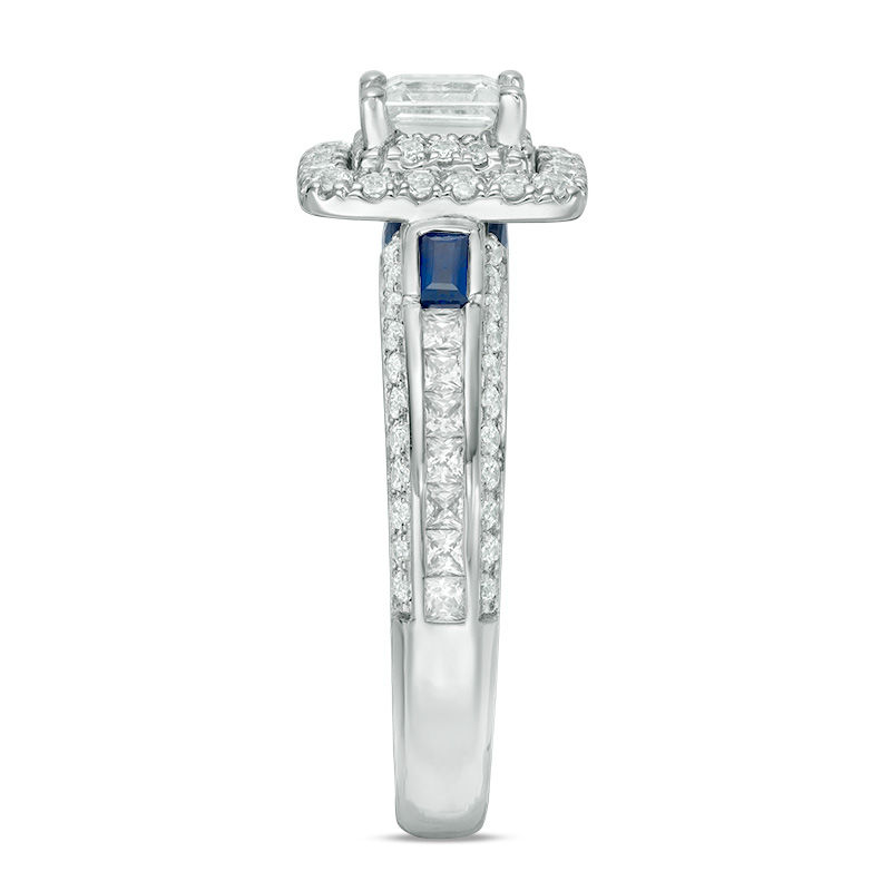 Vera Wang Love Collection 1.20 CT. T.W. Emerald-Cut Diamond and Blue Sapphire Engagement Ring in 14K White Gold