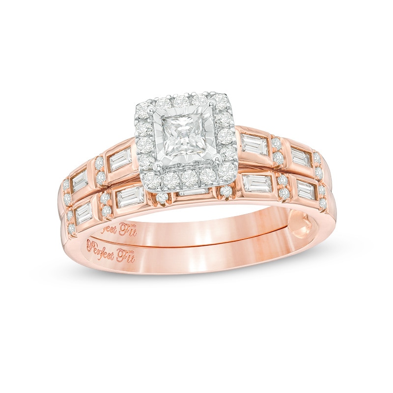 0.58 CT. T.W. Princess-Cut Diamond Frame Interlocking Bridal Set in 10K Rose Gold