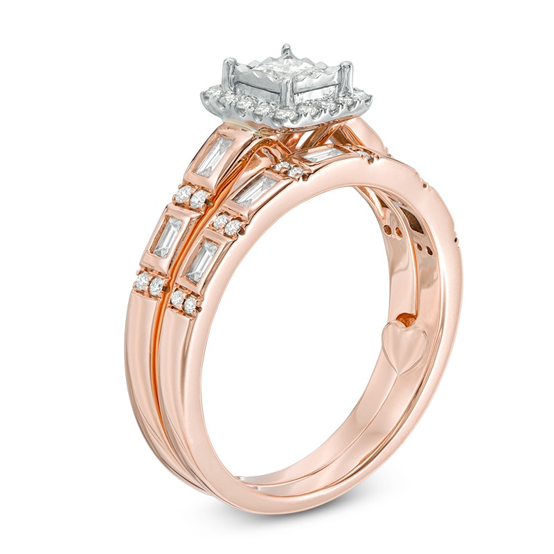 0.58 CT. T.W. Princess-Cut Diamond Frame Interlocking Bridal Set in 10K Rose Gold