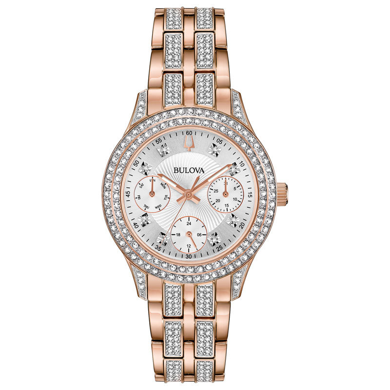 Ladies' Bulova Crystal Accent Rose-Tone Watch with White Dial (Model: 98N113)
