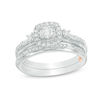 Thumbnail Image 0 of Perfect Fit 0.58 CT. T.W. Diamond Cushion Frame Interlocking Bridal Set in 10K White Gold