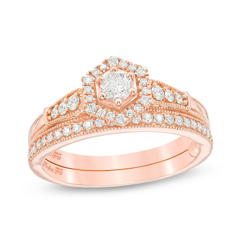 Perfect Fit 0.45 CT. T.W. Diamond Hexagon Frame Vintage-Style Interlocking Bridal Set in 10K Rose Gold