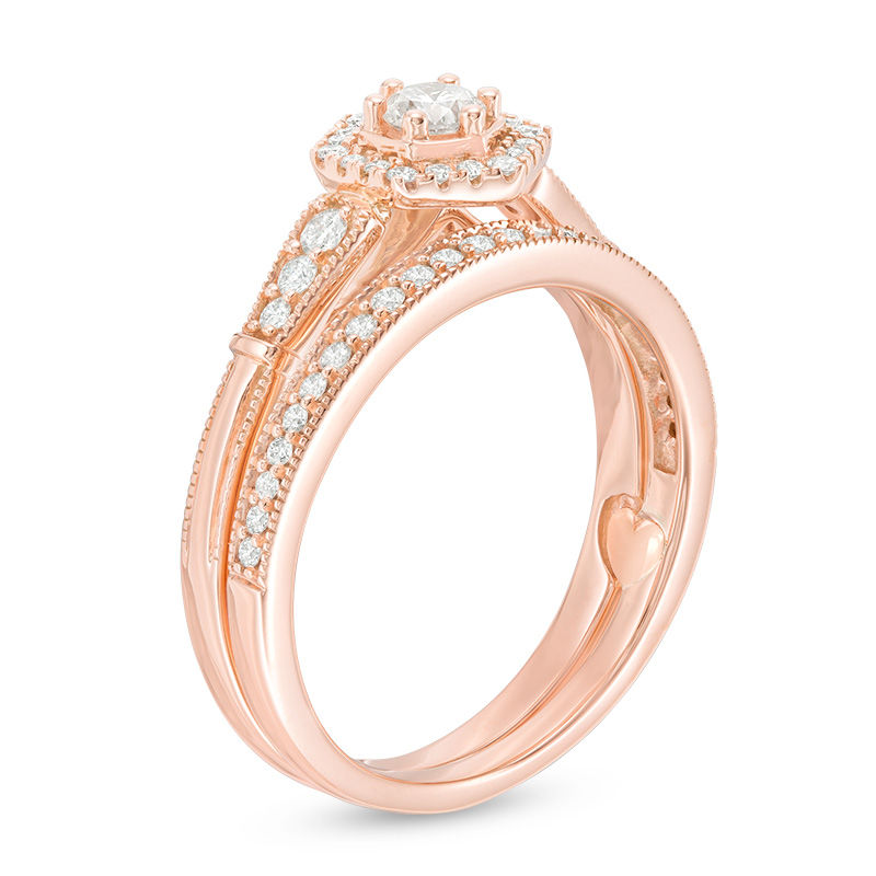 Main Image 2 of Perfect Fit 0.45 CT. T.W. Diamond Hexagon Frame Vintage-Style Interlocking Bridal Set in 10K Rose Gold