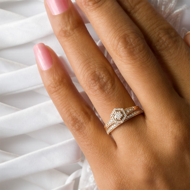 Main Image 3 of Perfect Fit 0.45 CT. T.W. Diamond Hexagon Frame Vintage-Style Interlocking Bridal Set in 10K Rose Gold