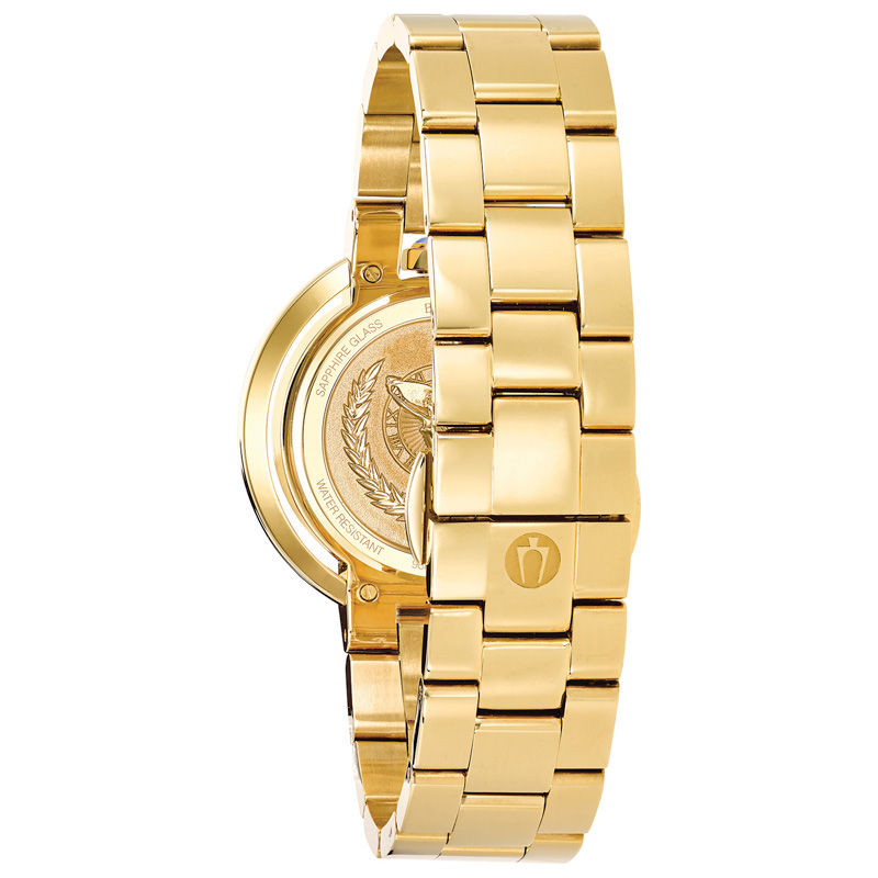 Ladies’ Bulova Rubaiyat Diamond Accent Gold-Tone Watch with Silver-White Dial (Model: 97P125)