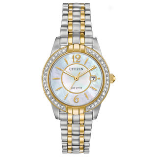 Ladies' Exclusive Citizen Eco-Drive® Silhouette Crystal Two-Tone Watch with Mother-of-Pearl Dial (Model: EW1684-54D)