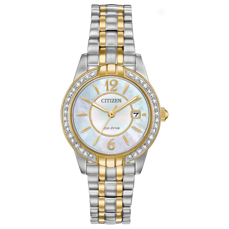 Ladies' Exclusive Citizen Eco-Drive® Silhouette Crystal Two-Tone Watch with Mother-of-Pearl Dial (Model: EW1684-54D)|Peoples Jewellers