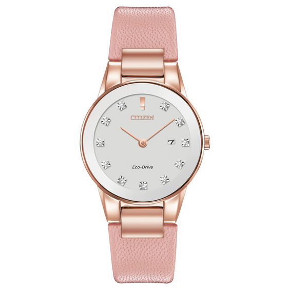 Ladies' Exclusive Citizen Eco-Drive® Axiom Diamond Rose-Tone Strap Watch with Silver-Tone Dial (Model: GA1058-08A)