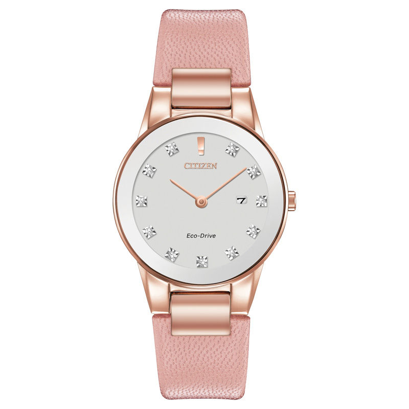 Ladies' Exclusive Citizen Eco-Drive® Axiom Diamond Rose-Tone Strap Watch with Silver-Tone Dial (Model: GA1058-08A)