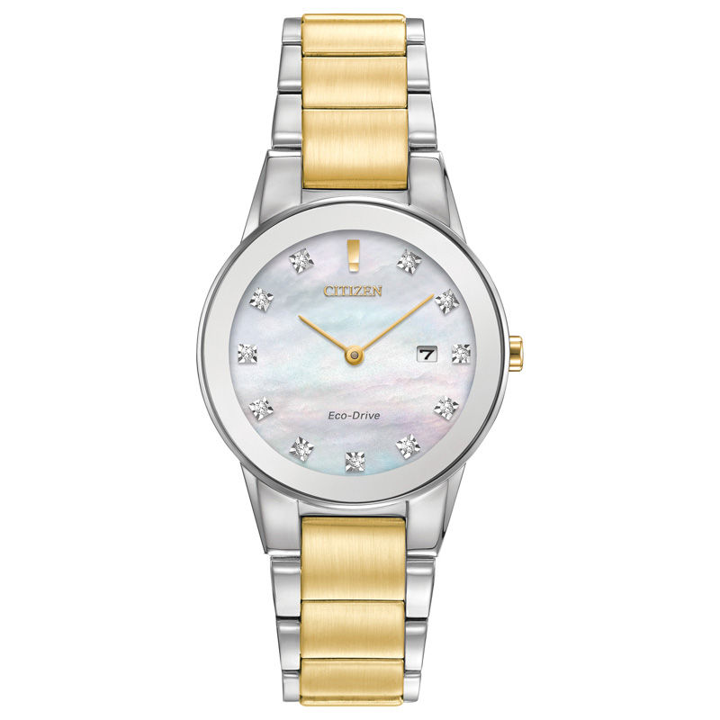 Ladies' Exclusive Citizen Eco-Drive® Axiom Diamond Accent Two-Tone Watch with Mother-of-Pearl Dial (Model: GA1059-56D)