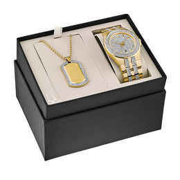 Men's Exclusive Bulova Crystal Accent Gold-Tone PVD Watch and Dog Tag Pendant Box Set (Model: 98K102)