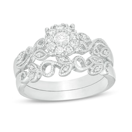 Perfect Fit 0.30 CT. T.W. Diamond Frame Vine-Shank Vintage-Style Interlocking Bridal Set in 10K White Gold