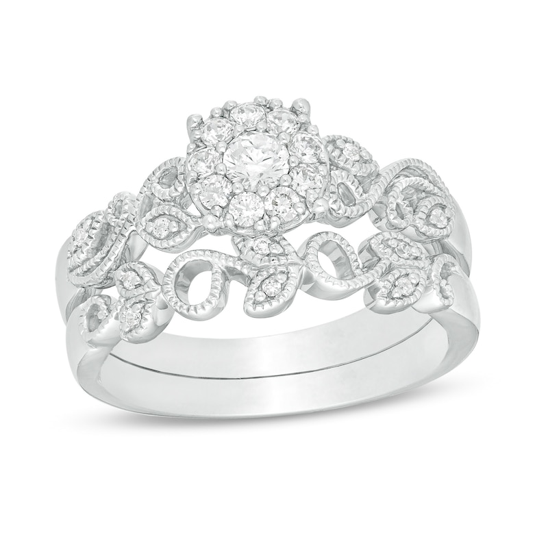 Main Image 1 of Perfect Fit 0.30 CT. T.W. Diamond Frame Vine-Shank Vintage-Style Interlocking Bridal Set in 10K White Gold