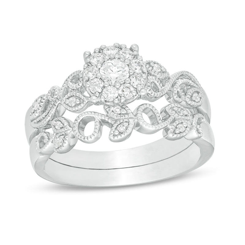 Perfect Fit 0.30 CT. T.W. Diamond Frame Vine-Shank Vintage-Style Interlocking Bridal Set in 10K White Gold