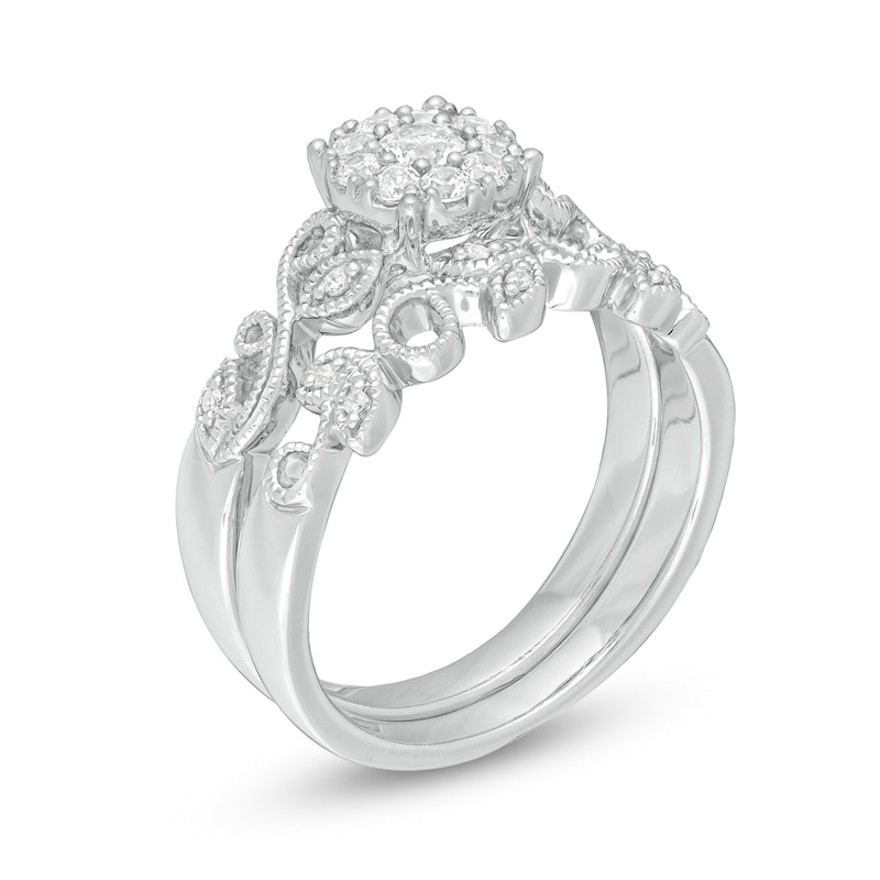 Perfect Fit 0.30 CT. T.W. Diamond Frame Vine-Shank Vintage-Style Interlocking Bridal Set in 10K White Gold