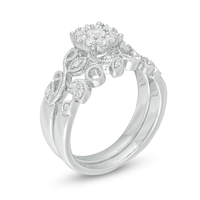 Main Image 3 of Perfect Fit 0.30 CT. T.W. Diamond Frame Vine-Shank Vintage-Style Interlocking Bridal Set in 10K White Gold