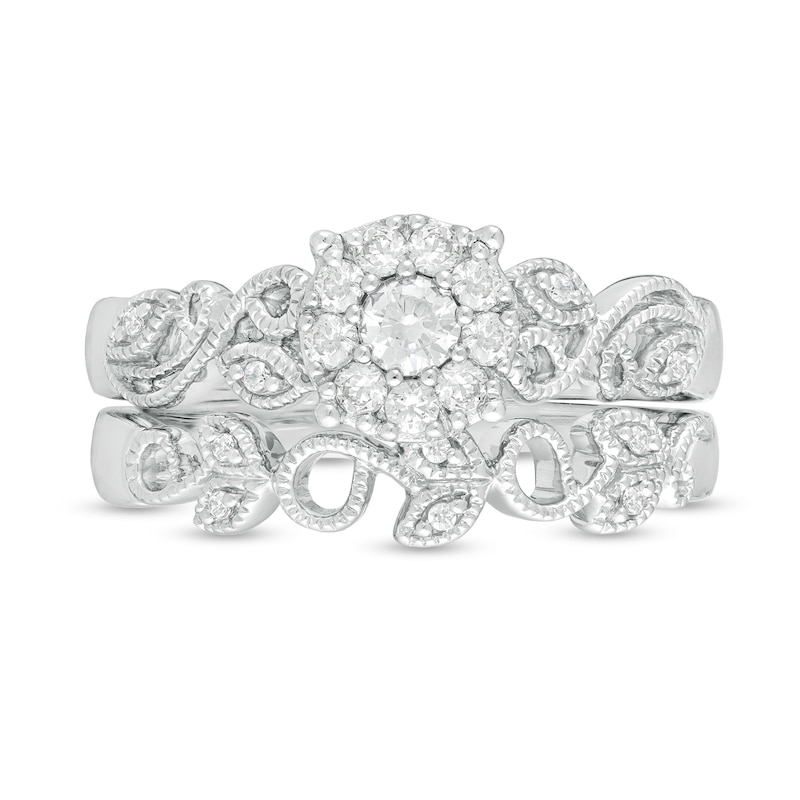 Perfect Fit 0.30 CT. T.W. Diamond Frame Vine-Shank Vintage-Style Interlocking Bridal Set in 10K White Gold