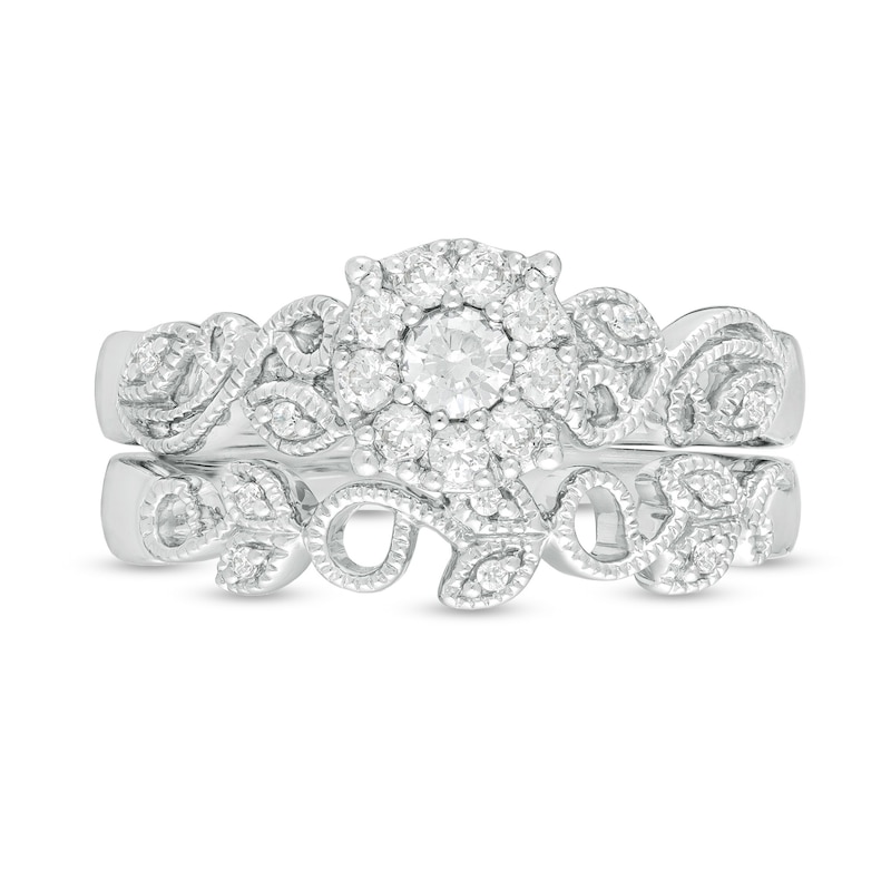 Main Image 4 of Perfect Fit 0.30 CT. T.W. Diamond Frame Vine-Shank Vintage-Style Interlocking Bridal Set in 10K White Gold