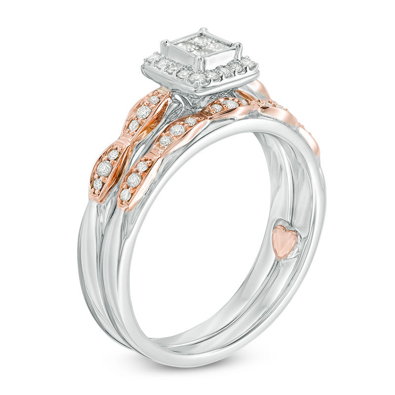 0.30 CT. T.W. Quad Princess-Cut Diamond Frame Interlocking Bridal Set in 10K Two-Tone Gold