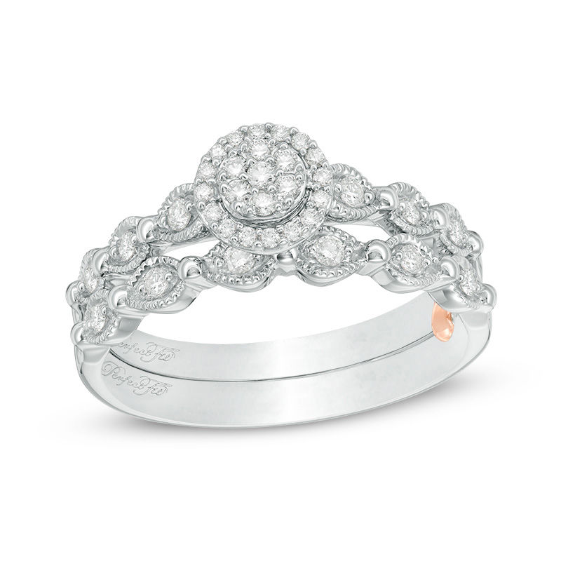 Main Image 1 of Perfect Fit 0.23 CT. T.W. Composite Diamond Frame Vintage-Style Interlocking Bridal Set in 10K White Gold