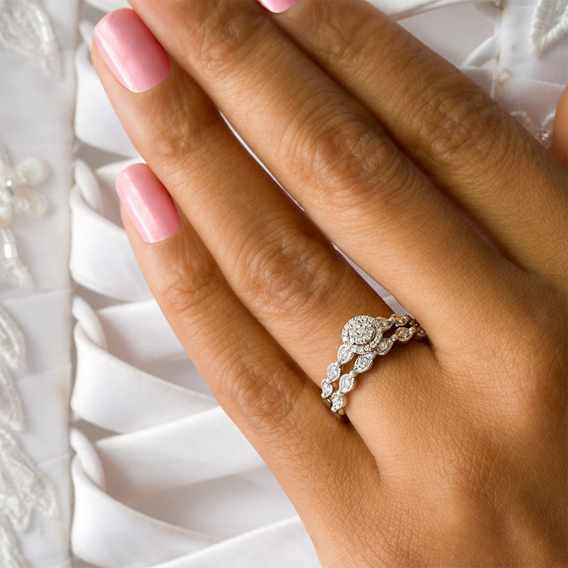 Main Image 3 of Perfect Fit 0.23 CT. T.W. Composite Diamond Frame Vintage-Style Interlocking Bridal Set in 10K White Gold