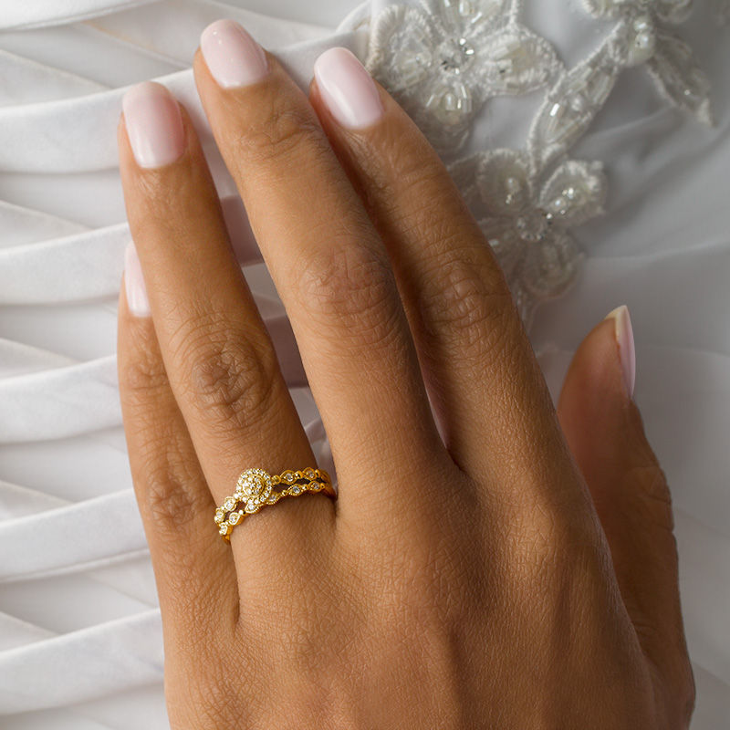 Main Image 3 of 0.145 CT. T.W. Composite Diamond Frame Vintage-Style Interlocking Bridal Set in 10K Gold
