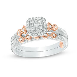 Perfect Fit 0.18 CT. T.W. Composite Diamond Cushion Frame Interlocking Bridal Set in 10K Two-Tone Gold