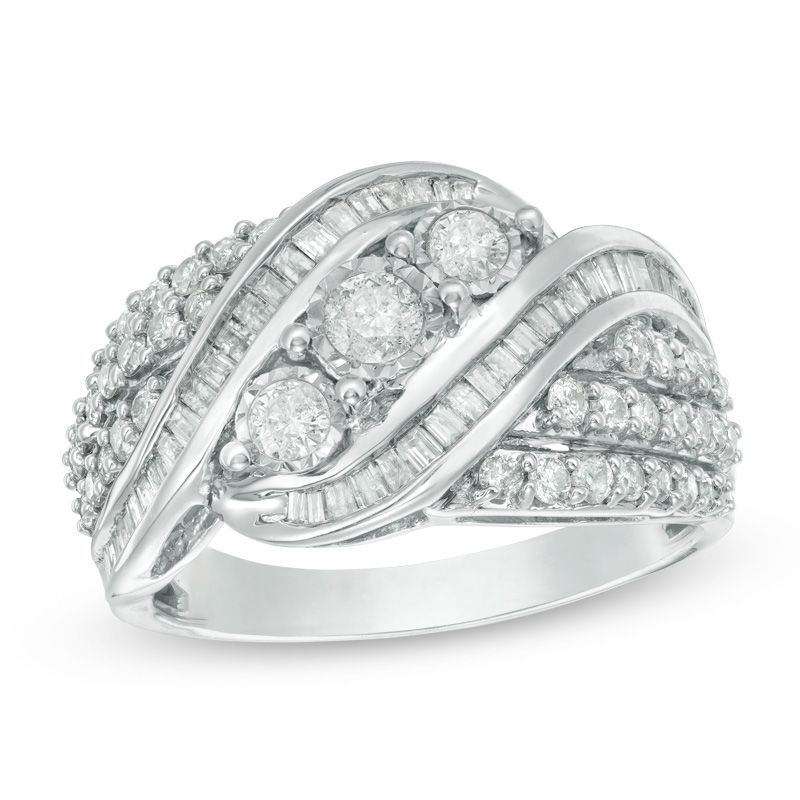 1.00 CT. T.W. Baguette and Round Diamond Three Stone Multi-Row Bypass Ring in Sterling Silver