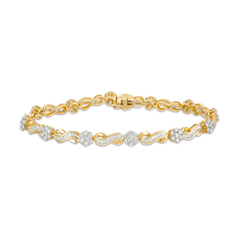 3.00 CT. T.W. Baguette and Round Diamond Alternating Flower and Infinity Bracelet in 10K Gold - 7.5"