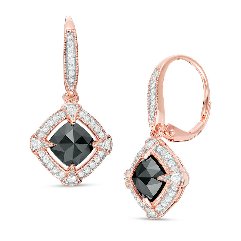 2.37 CT. T.W. Cushion-Cut Enhanced Black and White Diamond Frame Vintage-Style Drop Earrings in 10K Rose Gold